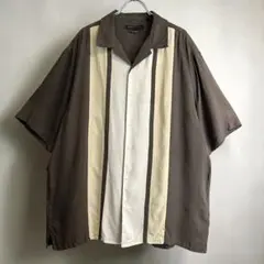 vintage シルク ライン切り替え オープンカラーシャツ 開襟 ブラウンXL
