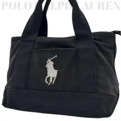 良品◎ポロラルフローレン ハンドバッグ ミニトートバッグ ポニー キャンバス 黒