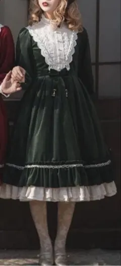 美品　英国クラシカルロリィタベルベットワンピース　M 　ハロウィン　深緑　メイド