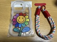 カラフル花デザイン iPhone16pro ケース ストラップ付き