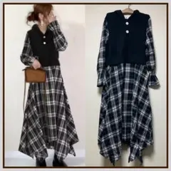 【早い者勝ち】 大人可愛い ニット フレアワンピース チェック柄