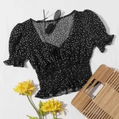 新品未使用　トップス　シャツブラウス　ドット　クロップド丈