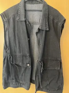 ダークグレー デニムベスト 4ポケット
