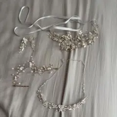 ウェディング.ブライダルアクセサリーセット ネックレス.ピアス.ヘッドドレス2つ