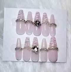 ネイルチップ ハンドメイド フレンチガーリー ロングバレリーナ ツイード 韓国