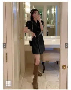 GRL ブラックワンピース テーラード 膝丈 ベルト付き