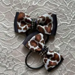 ヒョウ柄リボンヘアゴム（ビジュー付き）