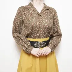 ブラウス ボタニカル 茶 開襟 ブラウン 昭和レトロ vintage 一点物