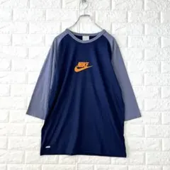 ナイキ【L】紺×グレー ラグランスリーブ Tシャツ 綿混 微ストレッチ スポーツ