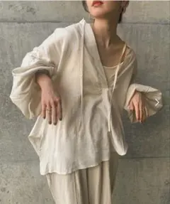 ボリュームスリーブリネンスキッパーシャツ　セレクトモカバイソン