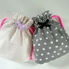 ハンドメイド　コップ袋　巾着袋2枚組　 リボン　マチ付き　フリル口