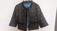 ネイビー系ツイードジャケット 7分袖 フリンジ付き