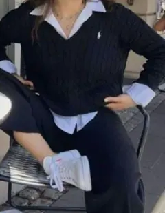 【美品】ポロラルフローレン カシミヤ混 ケーブルニット Vネック 濃紺 S/P