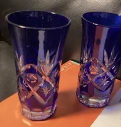 コバルトブルー カットガラス コップ 2個セット(切子グラス)(玻璃)