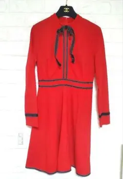 新品❤️韓国風ワンピース　赤　リボン　イベント　長袖　パーティー　着痩せ