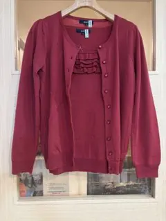 美品　ROPE ウール100%ツインニット　ワインレッドカーディガン M