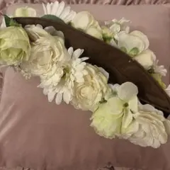 フラワーヘッドバンド ホワイト グリーン　花冠　フラ　タヒチアン