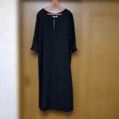 Hina Style 黒 Vネック レース袖 ロングワンピース