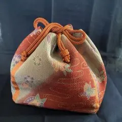 花,蝶柄オレンジ巾着バッグ