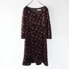 USED 古着 花柄 ブラック ベロア エンパイア ワンピース ドレス