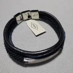 FOSSIL ブラックレザー編み込みブレスレットのサムネイル