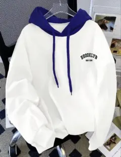 SHEIN フード付き パーカー ホワイト×ブルー