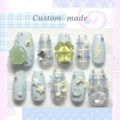 【即購入❌】オーダー ネイルチップ ウィッシュコア 水色 クローバー チェック