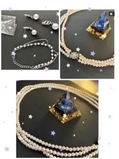 結婚式など4点セット3連パールネックレス、ピアス・ブレスレット・ペンダントトップ