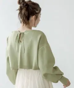 グリーン バックリボン ニット トップス　春服