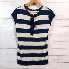 レディース　トップス　ロング丈　ボーダー　ネイビー　フリル　M　カジュアル