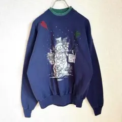 Hanes 90s スノーマン　雪だるま　クリスマス　レトロ　ネイビー　L