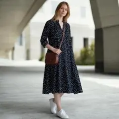 JOURNAL STANDARD ドット柄 七分袖 ロングワンピース ネイビー