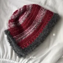 ハンドメイド バラクラバ ボンネット ニット帽 レッド×ピンク×グレー 防寒