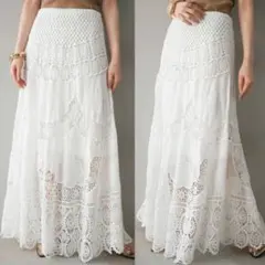 フロントスリットコード刺繍ニットワンピース クロシェマキシスカート ベージュ