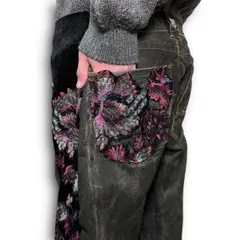 リメイク デニム フレアパンツ ジャガード 花柄 切替 ワイド vol.245 