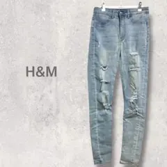 【エイチアンドエム】ダメージデニムパンツ S スキニー ジーンズ 人気 定番