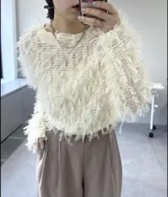 シャギーチュール パフリボン ホワイトリボントップスブラウスアドニス