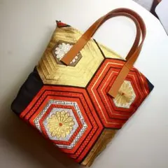 帯リメイク ハンドバッグ  ミニトートバック ヴィンテージ 着物 本革 亀甲