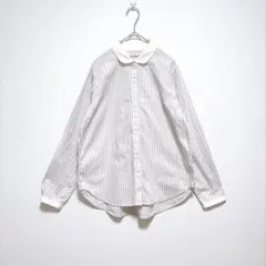 CROCODILE ストライプ 長袖　シャツ 丸襟 グレージュ　淡いピンク　ロゴのサムネイル