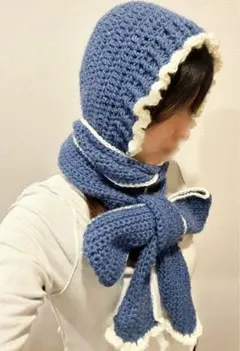【ハンドメイド】フード付きニットマフラー／フリル／ブルー×ホワイト／バラクラバ風