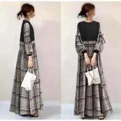 L ぽわん袖 ジレ付き リボン チェックシャツ ワンピース ゆったり