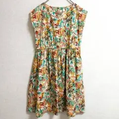 s0647 コットンノースリーブワンピース 日本製 ウエストゴム ボタニカル柄