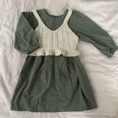 petit main グリーン チェック ニットビスチェワンピース