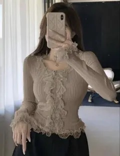 DAZY レース切り替えボタンダウンカーディガン、長袖トップス、秋の女性服