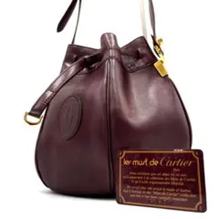 正規品 カルティエ ショルダーバッグ マストライン ロゴ 巾着 レザー ボルドー