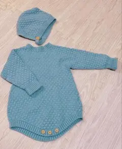 水色 ニットセーター 帽子付き　ロンパース