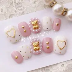 ネイルチップ くすみピンク フレンチガーリー 量産型 韓国 ワンホン くま