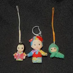 ご当地キューピー　沖縄　花飾付　着物　ヘビ　根付け　ストラップ　3個まとめ売り