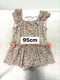 【美品】キッズ 女の子 ワンピース 水着 95 小花柄 リボン 総柄 記名あり