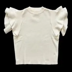 リブ肩フリルニット 白 フリル ニット 無地 シャツ トップス レディース